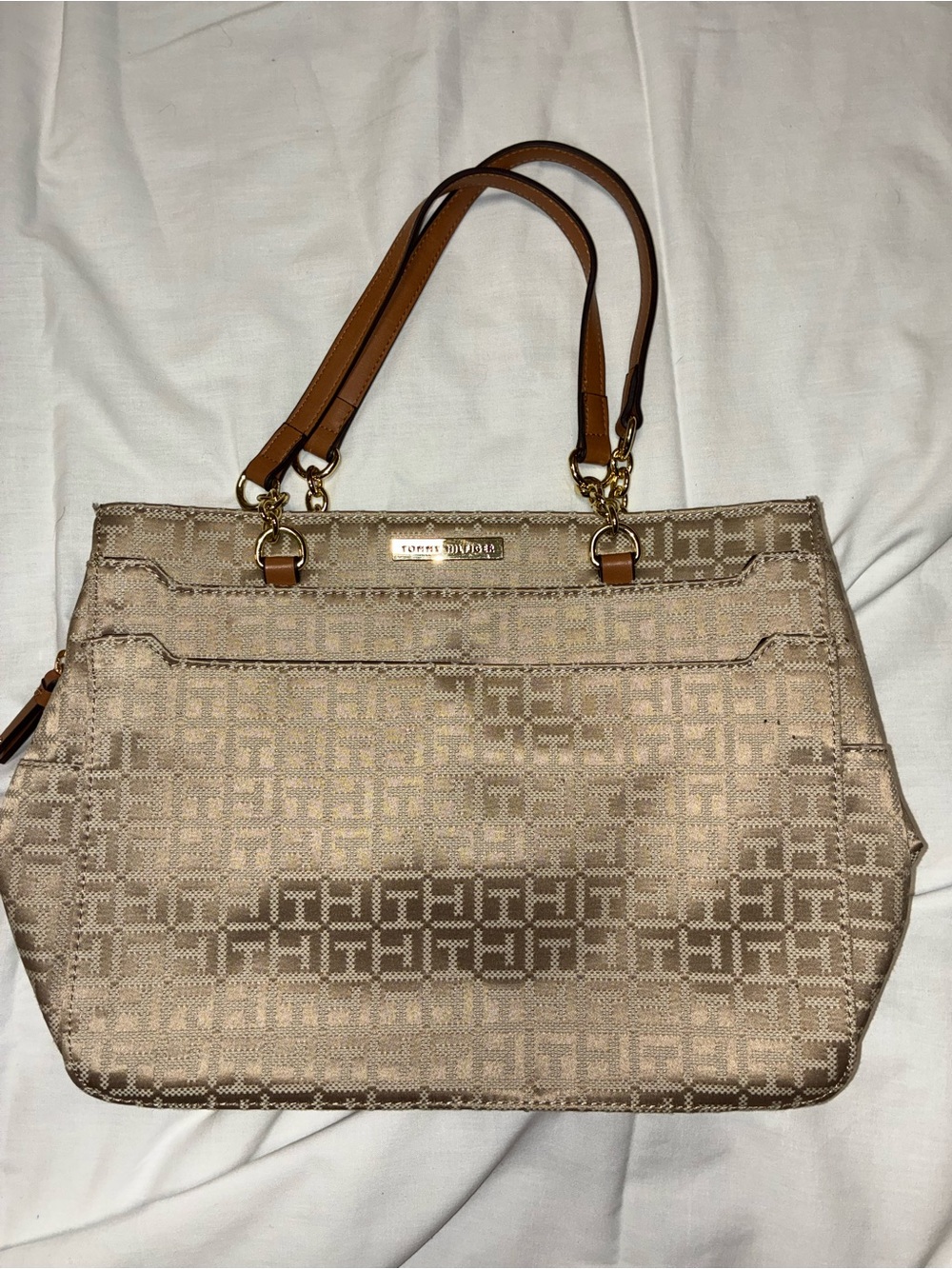 Tommy Hilfiger Beige Logo Jacquard Tote with Tan Handles